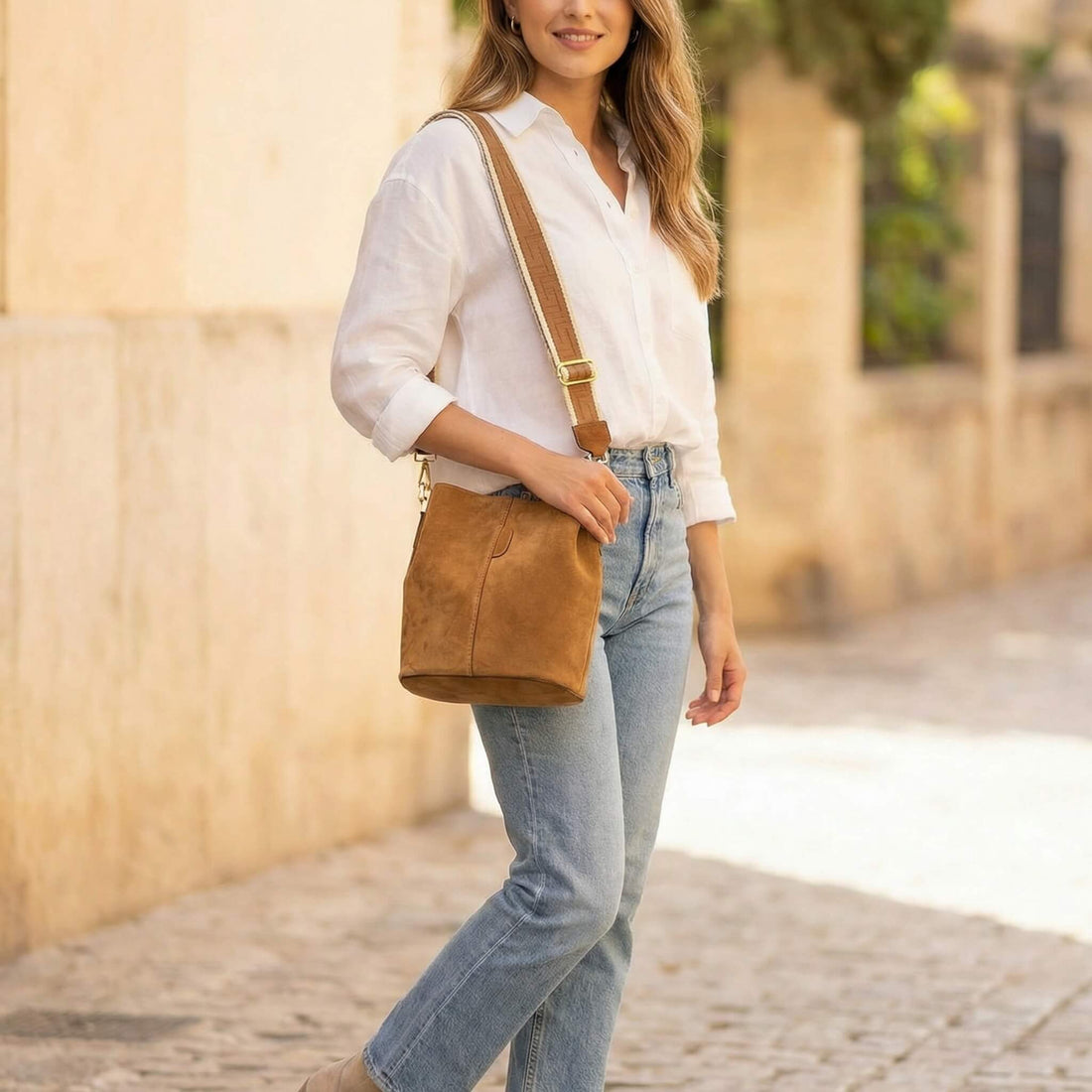 Bandolera Piel Pregato Secchio Peach Camel - KimondoShop