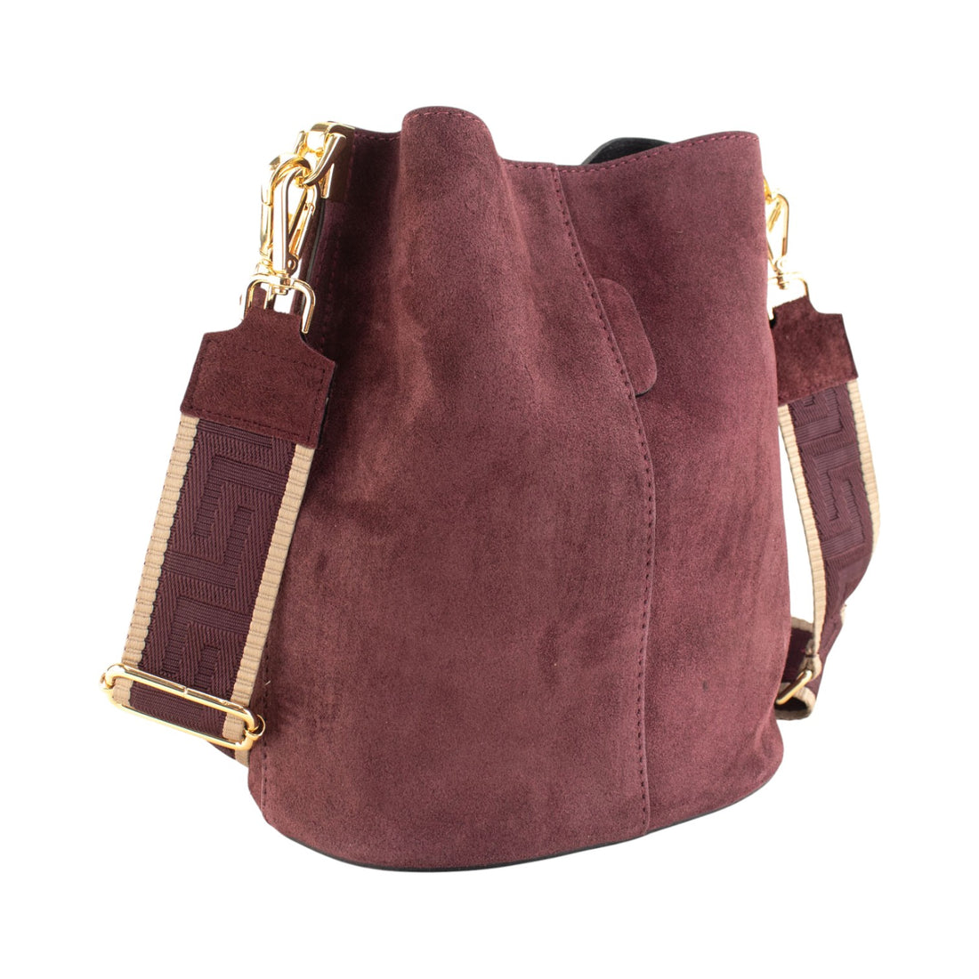 Bandolera Piel Pregato Secchio Peach Burdeos cinta Greca