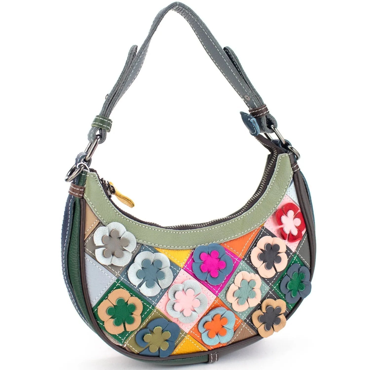 Bandolera media luna de Piel Pregato Mosaic Flowers - KimondoShop