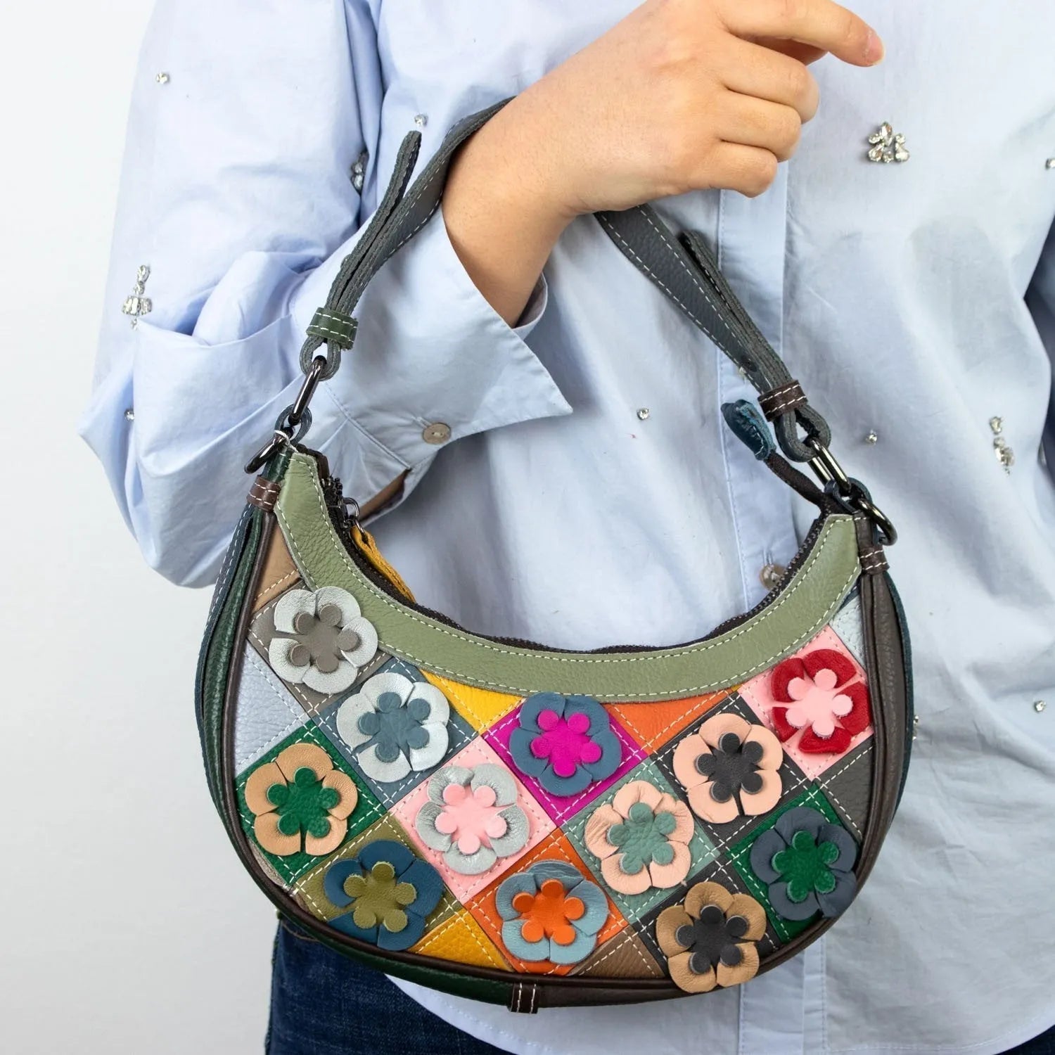 Bandolera media luna de Piel Pregato Mosaic Flowers - KimondoShop