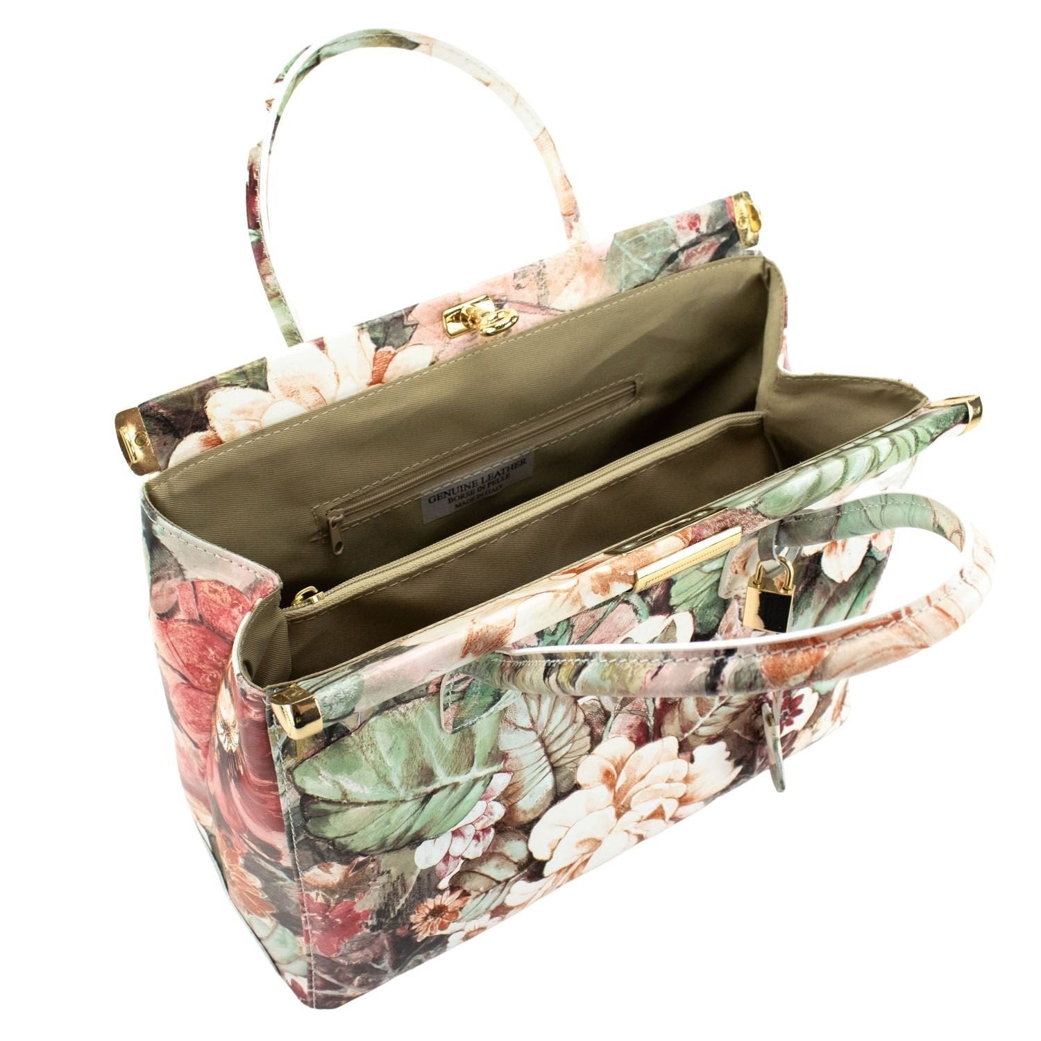 Bolso de mano en Piel Pregato Classic Flores Beige - KimondoShop