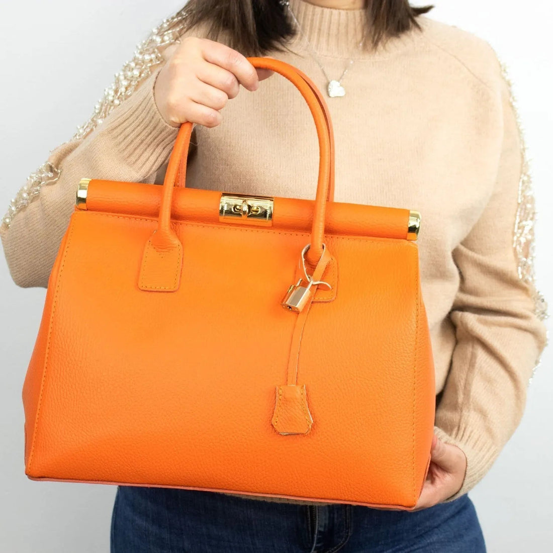 Bolso de mano en Piel Pregato Classic Naranja - KimondoShop