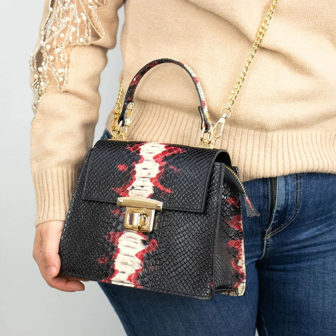 Bolso de mano Piel Pregato Gekko Negro Rojo - KimondoShop