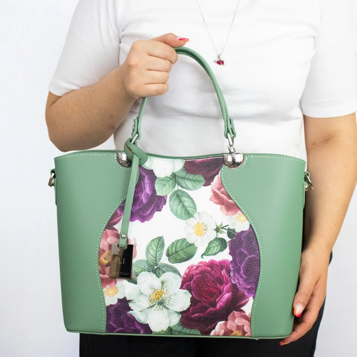 Bolso en piel Pregato Eleganza Li Flores verdes - KimondoShop