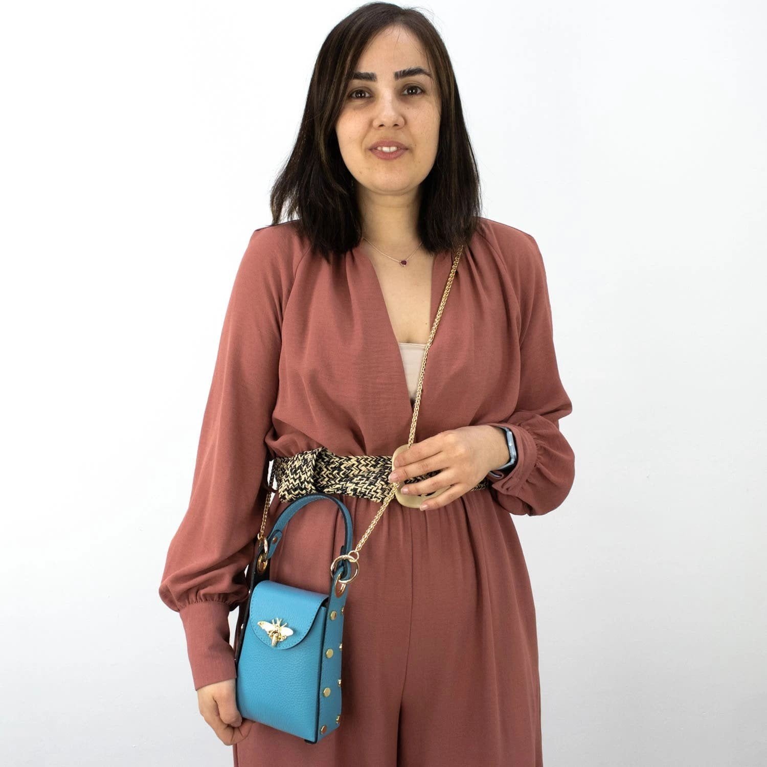 Bolso mini en Piel Pregato Golden Bee Turquesa - KimondoShop